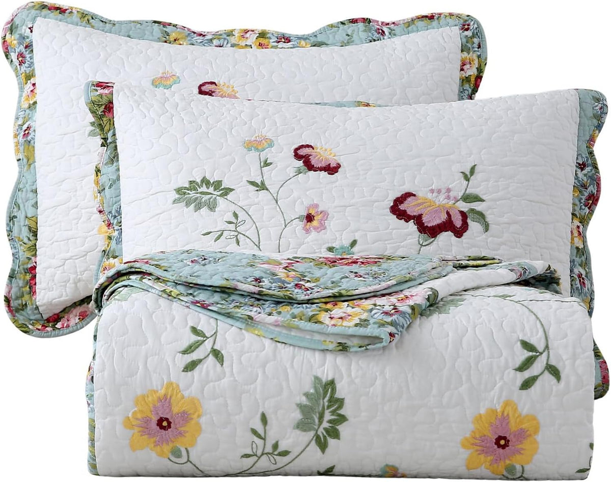 vctops 3-Piece Elegant Floral Embroidered Bedspread Coverlet Set Oversize Queen 100% Cotton Reversible Patchwork 1 Quilt and 2 Pillow Shams (Flower G,Oversize Queen)