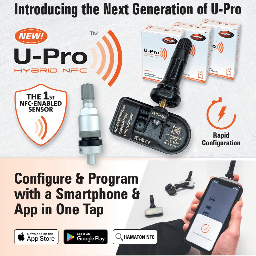 Set of 4 PREMA U-Pro Hybrid NFC TPMS Sensors with Rubber Snap in and Aluminum Clamp in Valve Stems | Universal for Any Vehicle | Programs with Free Smart Phone App! | Manufactured by Hamaton