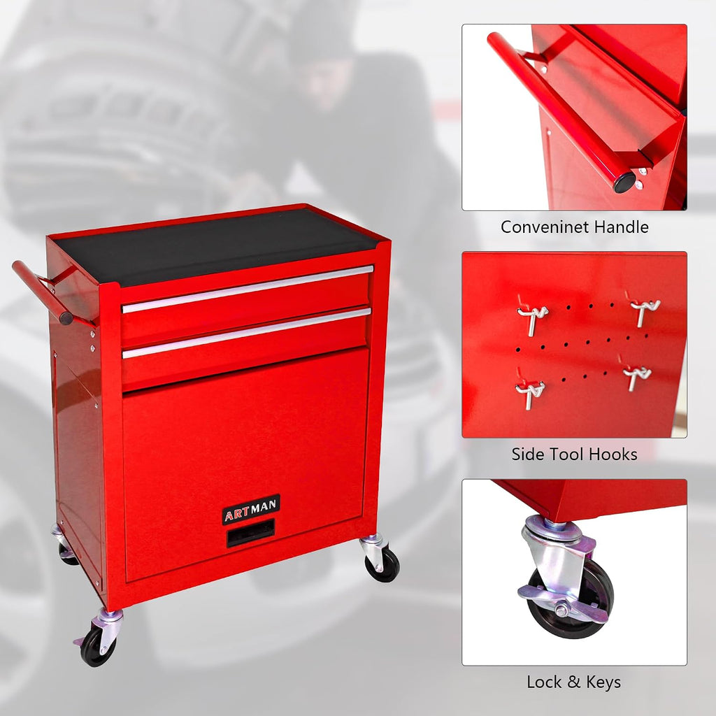 8-Drawer Tool Chest,Rolling Tool Box with Detachable Top Toolbox & Key Lock,Tool Cabinet with Universal Lockable Wheels,Lock Bar,Protective Liner,Metal Storage Cart for Garage,Workshop (Red)