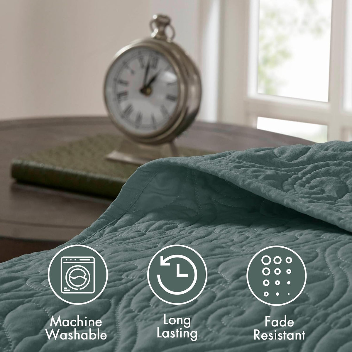 Madison Park King Bedspread Set Reversible Damask Quilted Oversized Coverlet, Cotton-Filled Quilts Oversized, All Season, Lofty & Warm Bedspread, Quebec, Balsam Green 3 Piece