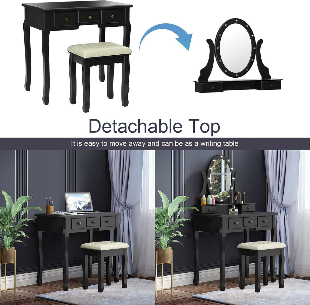 DORTALA Makeup Vanity Table Set, 5 Drawers Dressing Table w/ 360° Rotating Oval Mirror, Detachable Top, 12 LED Light Bulbs, Multifunctional Girl Dressing Table Set w/Vanity Padded Bench, Black