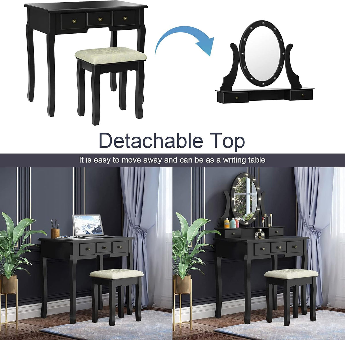 DORTALA Makeup Vanity Table Set, 5 Drawers Dressing Table w/ 360° Rotating Oval Mirror, Detachable Top, 12 LED Light Bulbs, Multifunctional Girl Dressing Table Set w/Vanity Padded Bench, Black