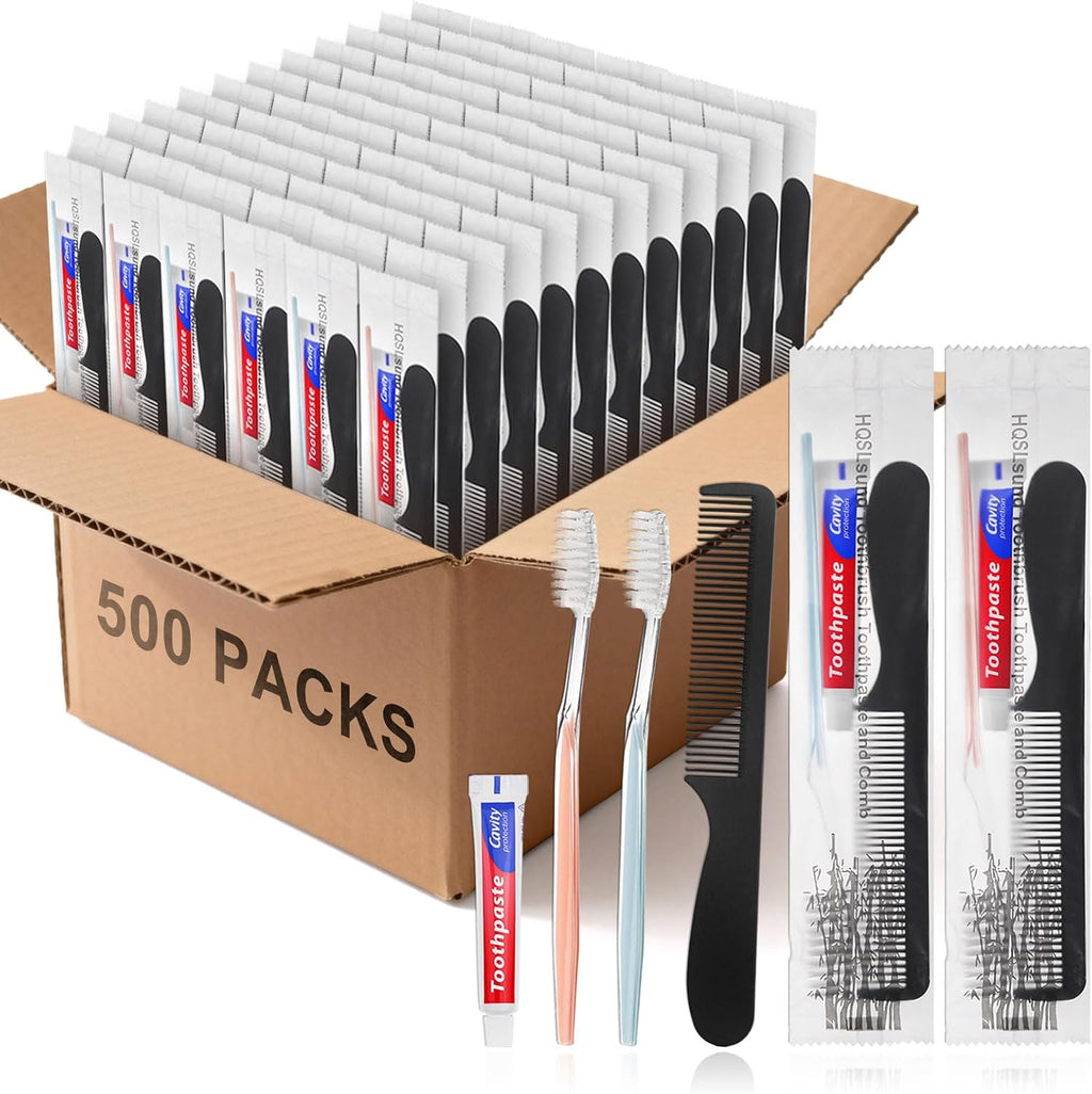 500 pcs Disposable Toothbrushes with Toothpaste and Comb for Homeless Individually Wrapped,10g Travel Toothpaste,7inch Black Hair Comb, Toothbrush for Hotel,AirBnb,Shelter,Charity