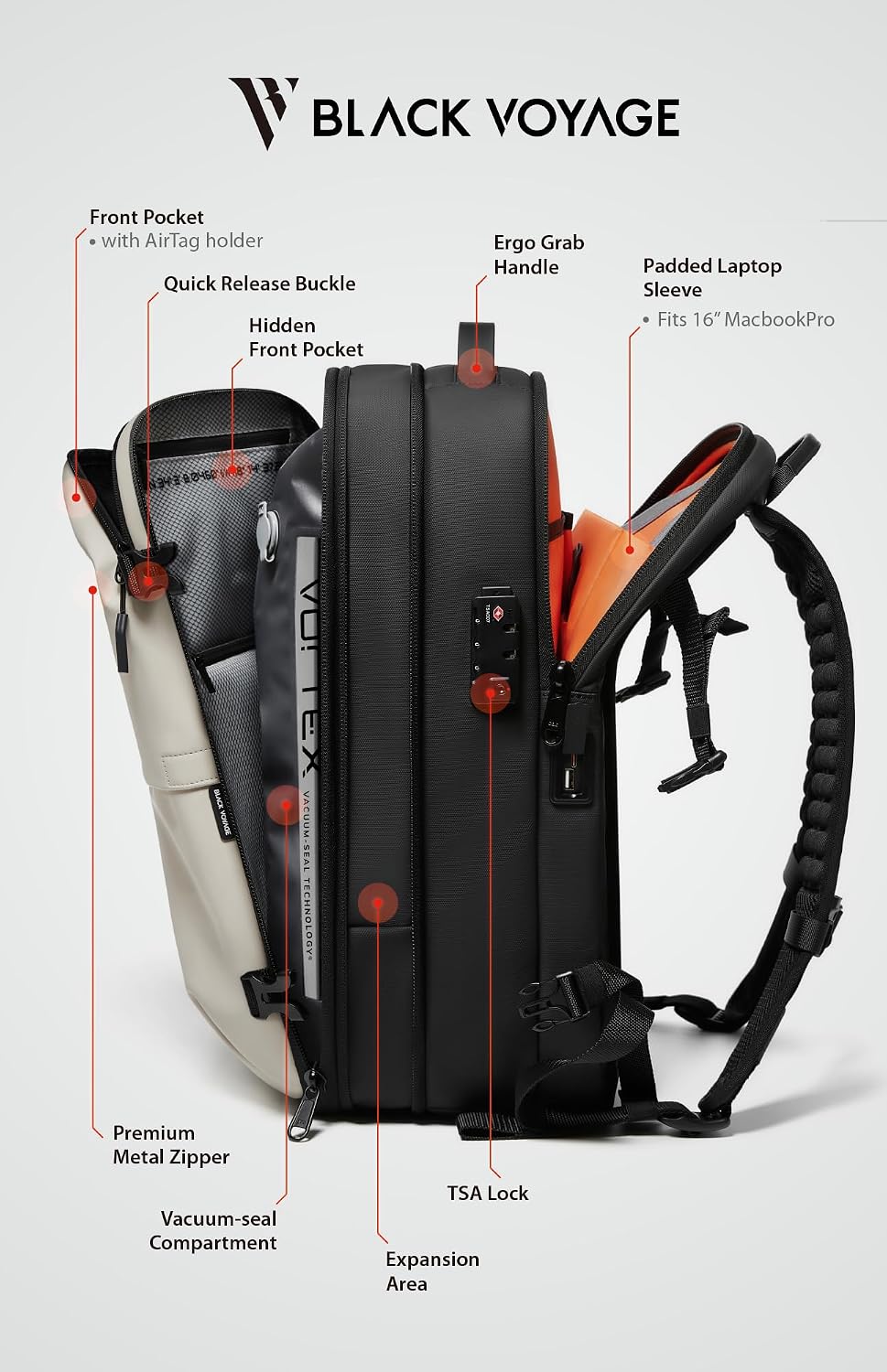 BlackVoyage Vortex Vacuum Seal Travel Backpack 60L Expandable Air Compression System Water Resistant TSA Lock Carry-On