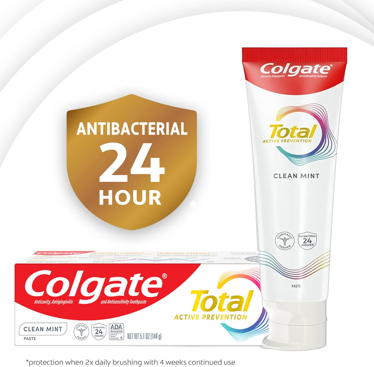 Colgate Total Active Prevention Clean Mint Toothpaste, Anticavity Fluoride Toothpaste, Clinically Proven Formula that Fights Plaque Bacteria, Mint, 24 Pack, 5.1 oz