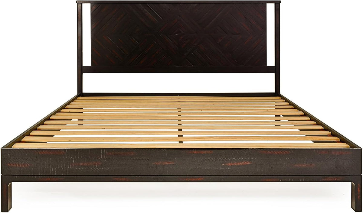 Bme Ethan King Size Bed Frame with Diamond Headboard, Rustic Mid-Century Modern, Solid Acacia Wood, No Box Spring Needed, Slat Support, Rustic Black