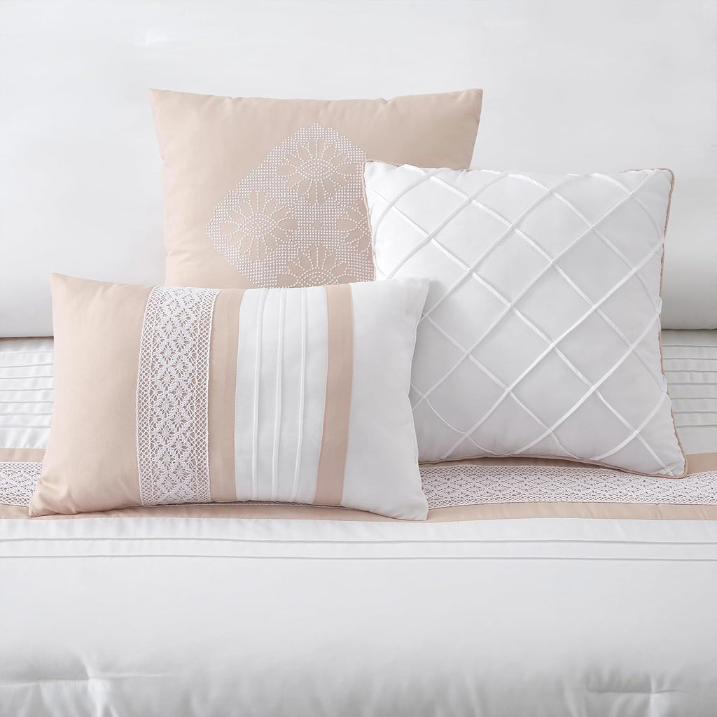 LANCO MODERN LIFESTYLE 7 Piece Comforter Set, Pink White, Queen Size, Boho Style Geometric Microfiber Embroidery, Bed in a Bag with Bedskirt, Pillow Shams and Decor Pillows