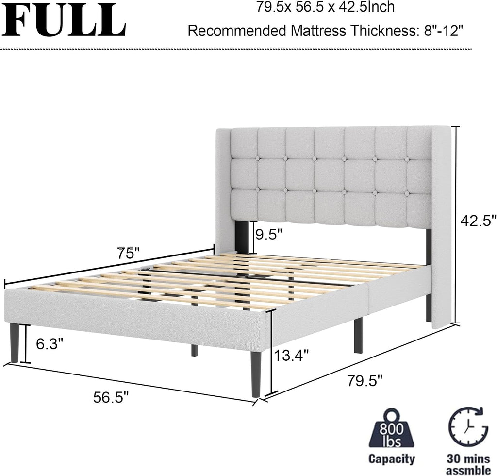 Full Size Bed Frame with Wingback Headboard, Velvet Upholstered Platform Bed Frame with Button Tufted Headboard, Wooden Slats Support, No Box Spring Needed, Easy Assembly, Light Grey