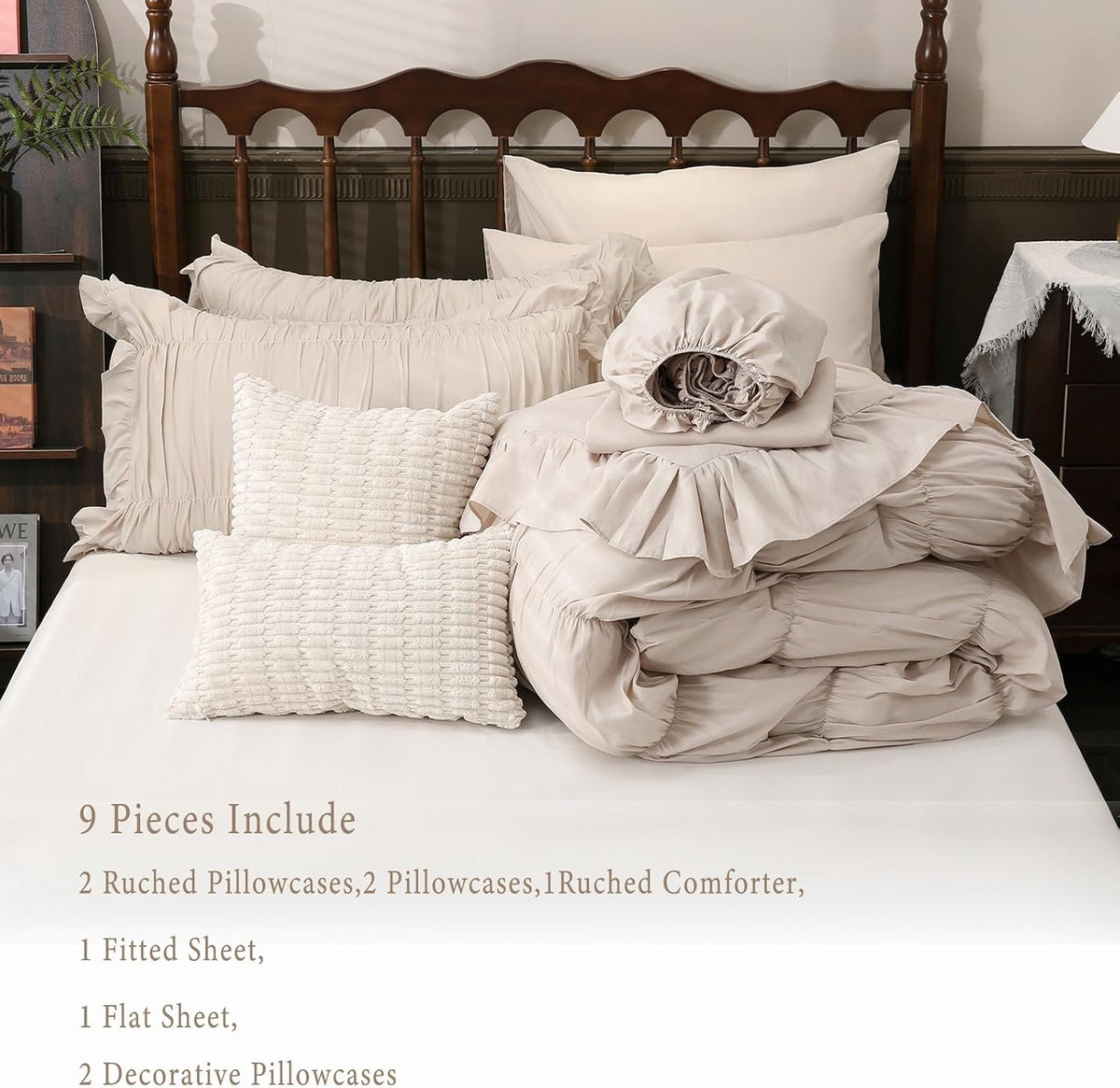 Herside Beige Comforter Set Queen Size,Ruched Neutral Boho Bedding 9-Piece Bed-in-a-Bag Fluffy Farmhouse Ruffle Bedding Set with Comforter, Flat Sheet, Fitted Sheet, Pillow Shams, Pillowcases