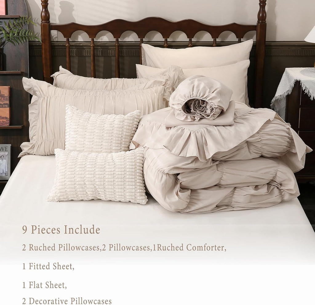 Herside Beige Comforter Set King Size,Ruched Boho Bedding 9-Piece Bed-in-a-Bag for All Seasons,Fluffy Farmhouse Ruffle Bedding Set with Comforter, Flat Sheet, Fitted Sheet, Pillow Shams, Pillowcases