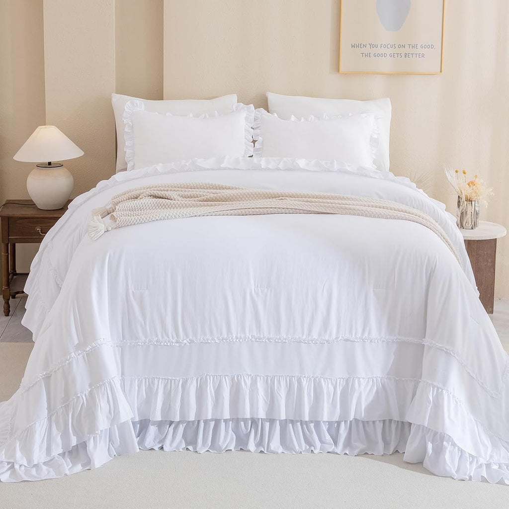 QSH Oversized King Comforter Set 120x120, White Farmhouse Ruffled Bed Comforter Shabby French Country Rustic Vintage Bedding Comforter Microfiber Soft Lightweight Fluffy Bedding 3 PCs