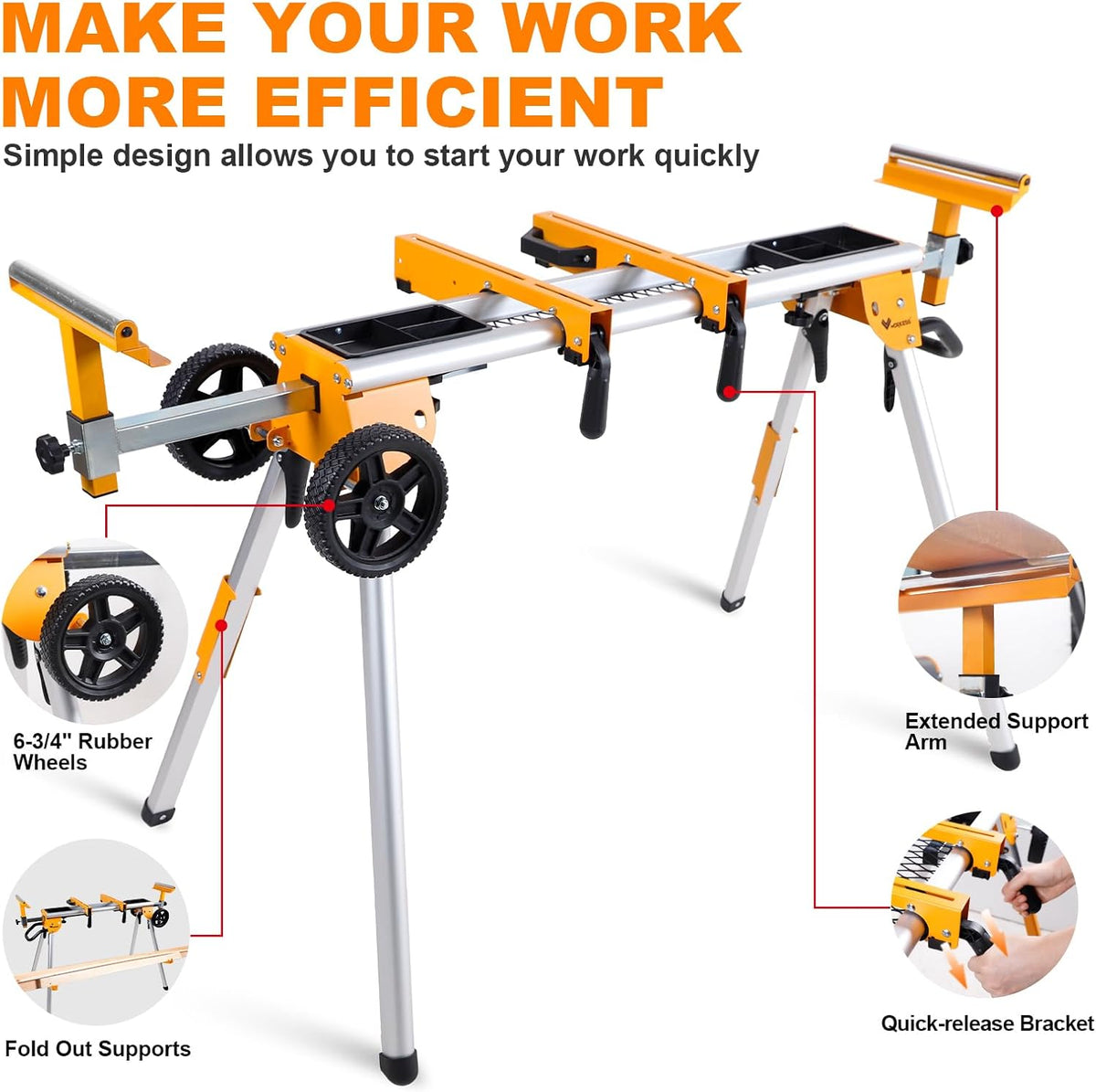 WORKESS Portable Miter Saw Stand with 6.75 in Wheels 330 lbs Load Capacity Heavy Duty Universal Mitre Saw Stand Tool Storage Trays WK-MS080