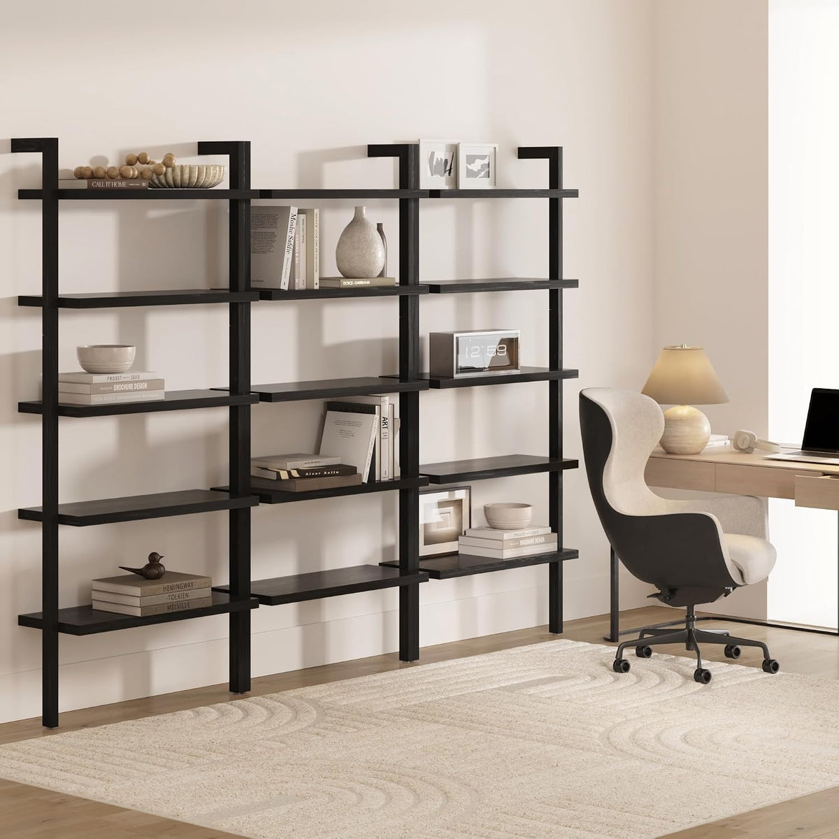 Nathan James Beacon Bohemian 5 Tier Bookshelf, Wall Mounted Bookcase, Solid Wood Bookshelf in Black Oak, Set of 3