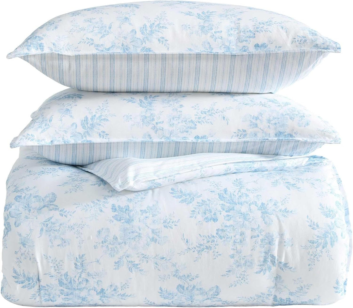 Laura Ashley - Twin Bonus Comforter Set, Soft Reversible Bedding Set, 5 Piece Bed Set with Matching Pillowcases, Euro Shams, & Throw Pillow Covers (Annalise Floral/Dilly Dally Stripe Blue)