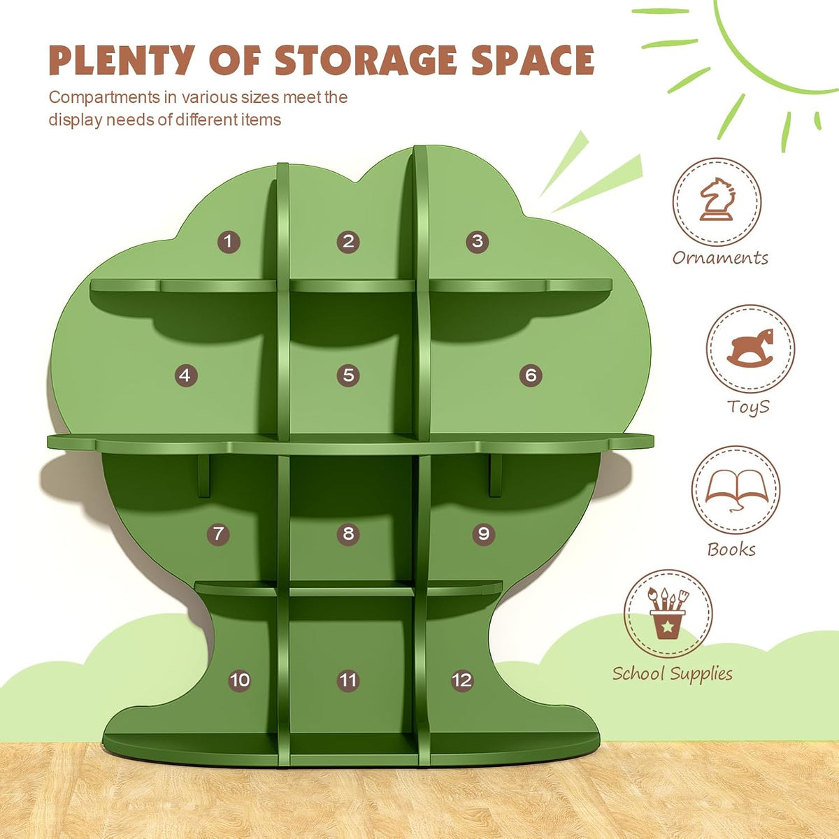 HedoAjim 4-Tier Christmas Tree Kids Bookshelf, Wooden Children Bookcase Toy Storage Organizer for Boys & Girls, Nursery, Playroom, Bedroom