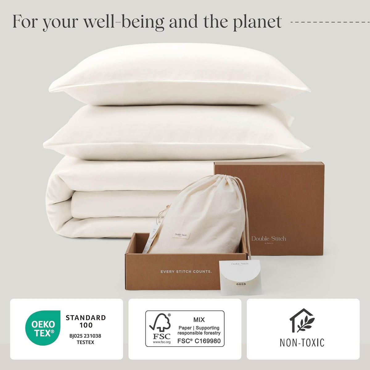 Double Stitch Cotton Tencel Duvet Cover - Queen Size Comforter Cover, Luxury & Soft Eucalyptus Lyocell Bedding Set for Hot Sleepers, Cooling, Smooth & Breathable, Button Closure, Cream, 90'x90'