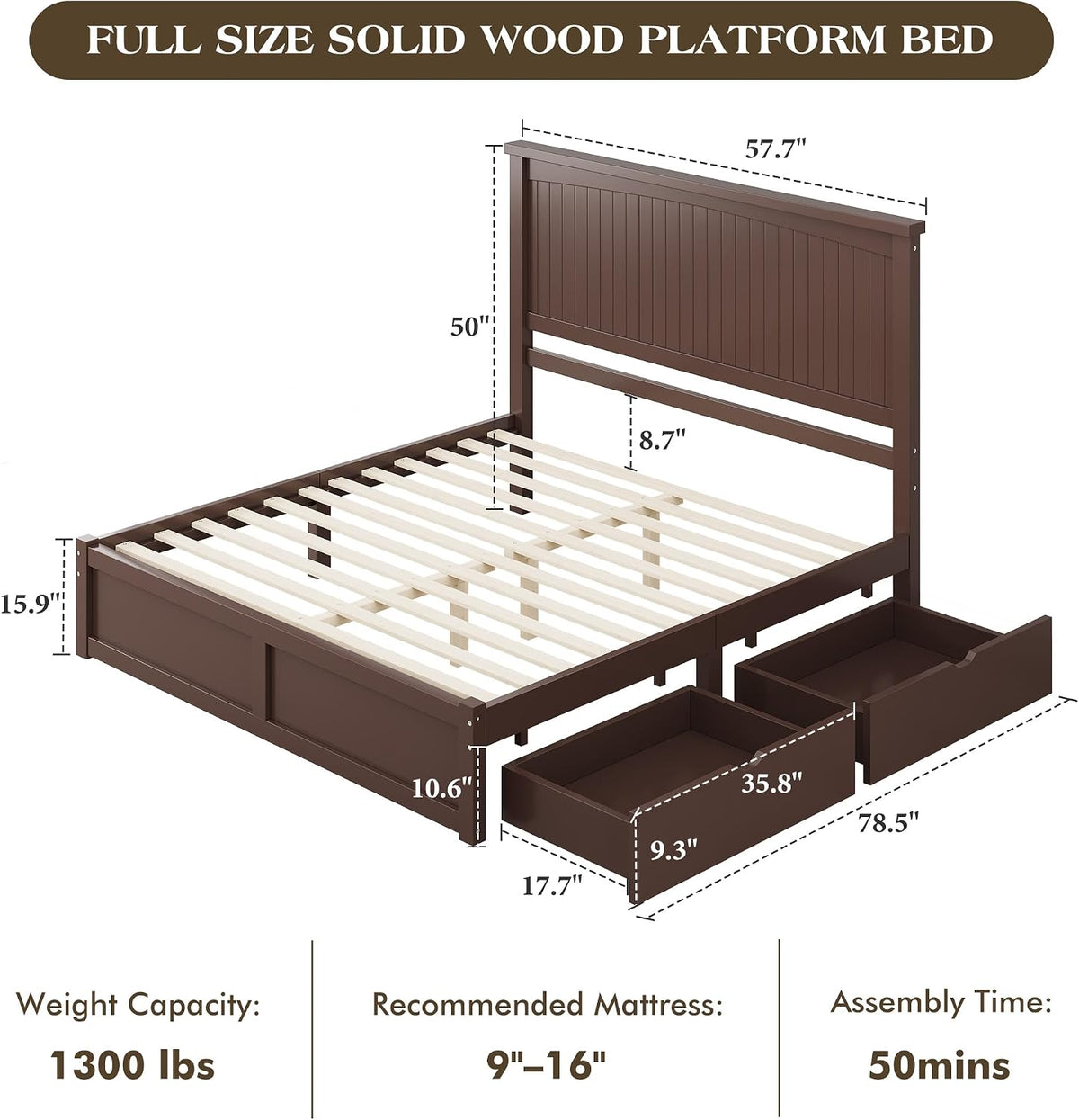 LUXOAK Full Size Solid Wood Bed Frame with Storage, Mid-Century Modern Platform Bed with 50' Headboard & 2 Drawers, No Box Spring Needed/Quiet Support/Easy Assembly/Espresso Brown Finish