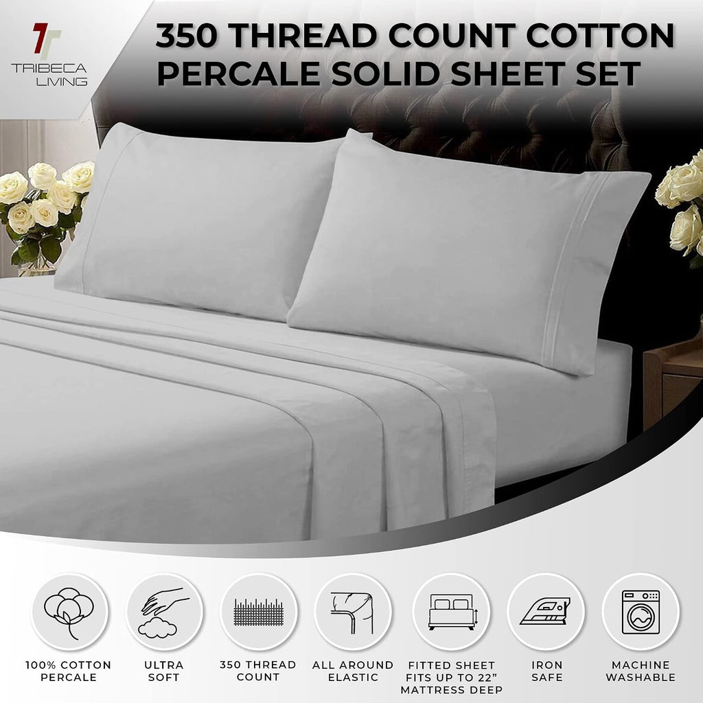 Tribeca Living Twin XL Bed Sheet Set, Crisp and Smooth Egyptian Cotton Percale Solid Sheets and Pillowcase Set, Extra Deep Pocket, 350 Thread Count, 3-Piece Luxury Bedding, White