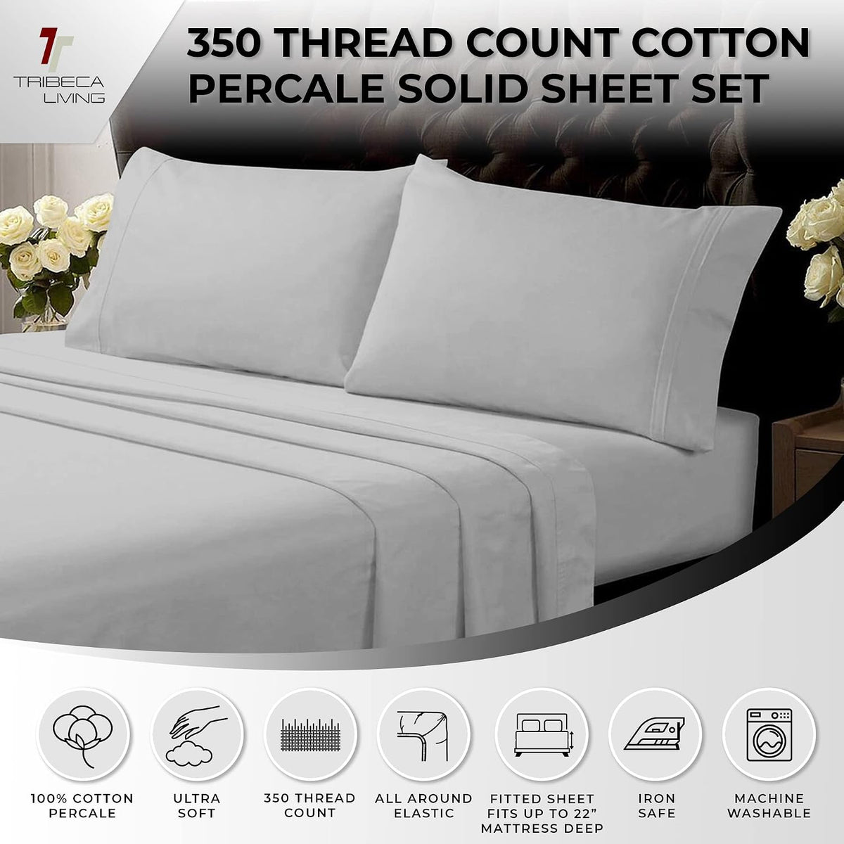 Tribeca Living Twin XL Bed Sheet Set, Crisp and Smooth Egyptian Cotton Percale Solid Sheets and Pillowcase Set, Extra Deep Pocket, 350 Thread Count, 3-Piece Luxury Bedding, White
