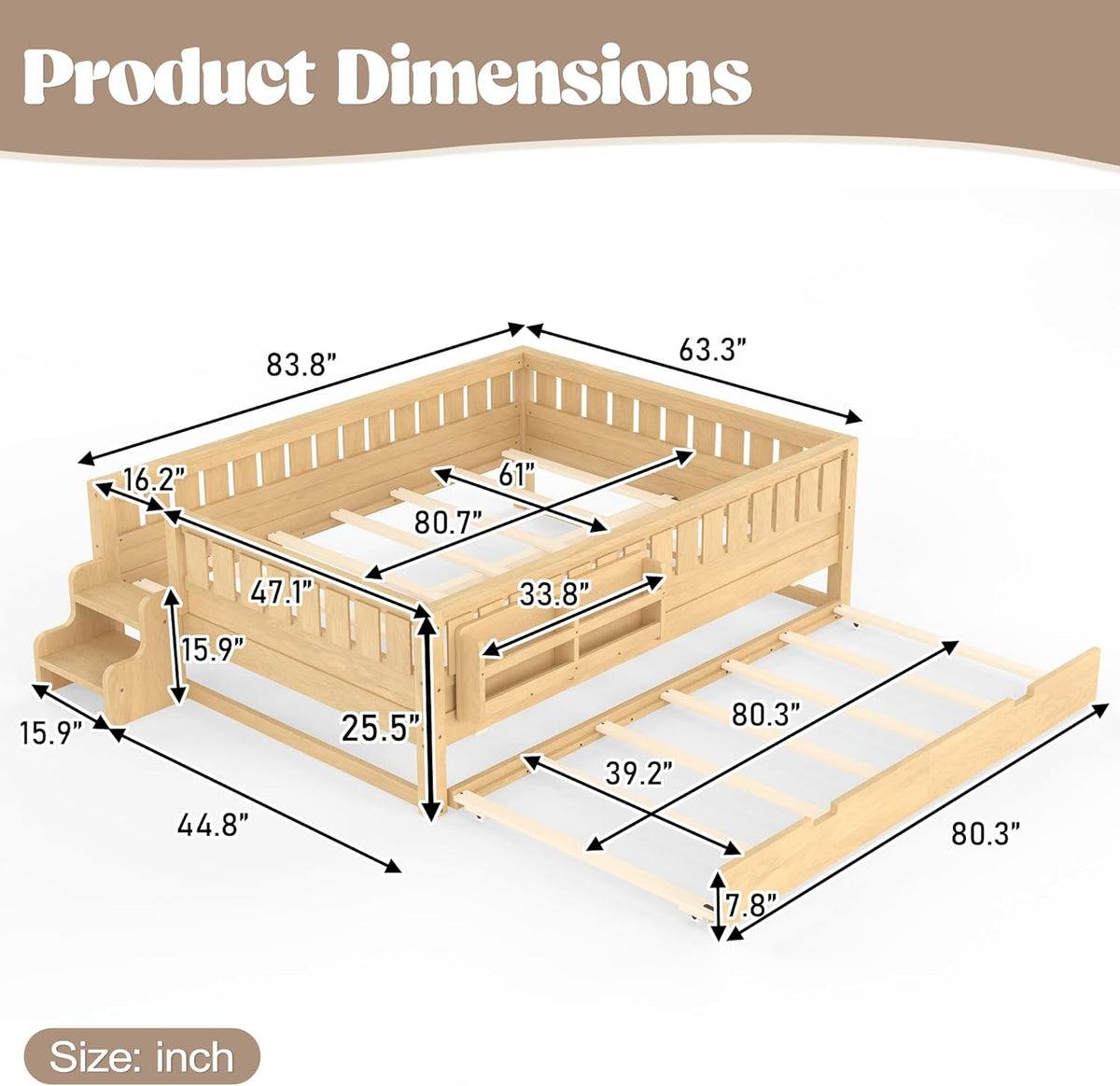 Bellemave Queen Bed with Trundle and Stairs, Queen Size Platform Bed Frame with Fence and Bookshelf, Easy Assemble Beds for Kids, Girls, Boys, Light Natural