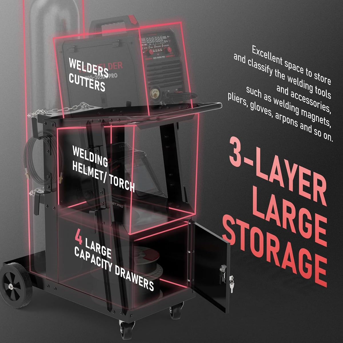 YESWELDER Welding Cart with Large Capacity Lockable Cabinet, for MIG/TIG/Stick Welders and Plasma Cutters, Heavy Duty 360° Swivel Wheels Welding Trolley