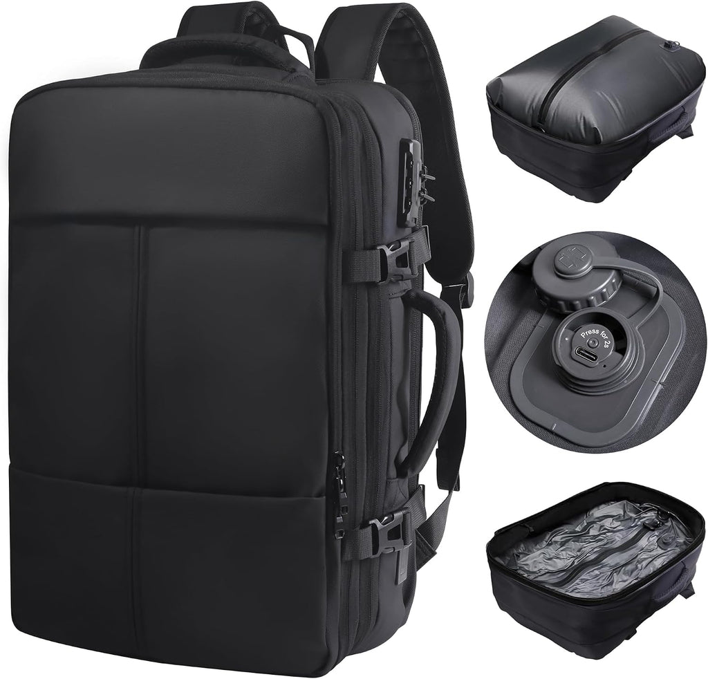 Vacuum Backpack Travel with Pump, Large 80L Exapandable Air Compression Vacuum System, Available Boarding, Carry on Luggage, Water Resistant, TSA Lock and Strong Sealing Airbag for Travel, Black