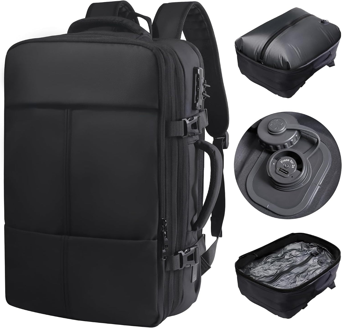 Vacuum Backpack Travel with Pump, Large 80L Exapandable Air Compression Vacuum System, Available Boarding, Carry on Luggage, Water Resistant, TSA Lock and Strong Sealing Airbag for Travel, Black