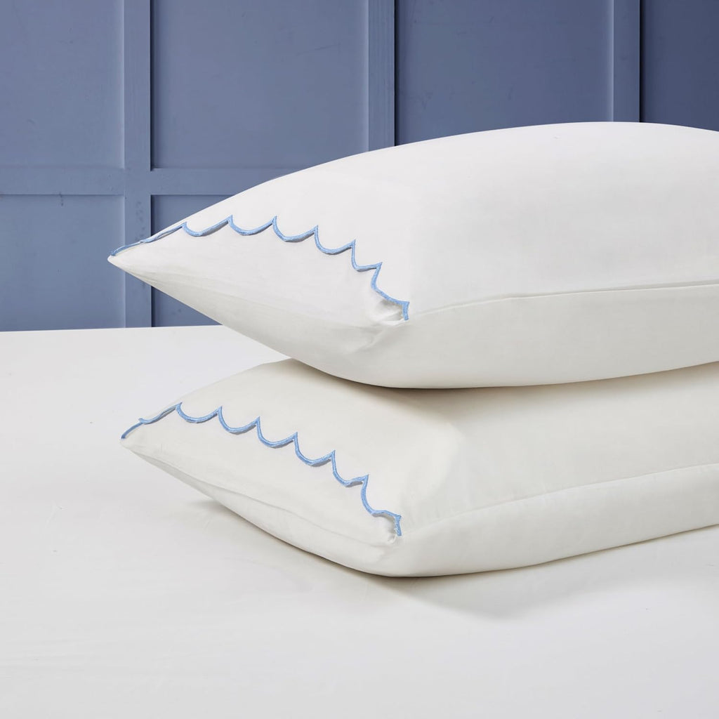 Peri Home Queen Size Sheet Set, 4 Piece Bed Sheets, Breathable Soft 300 TC 100% Cotton with Embroidered Scalloped Edge, 1 Flat Sheet, 1 Fitted, 2 Pillowcases, Queen, White with Blue Scallop