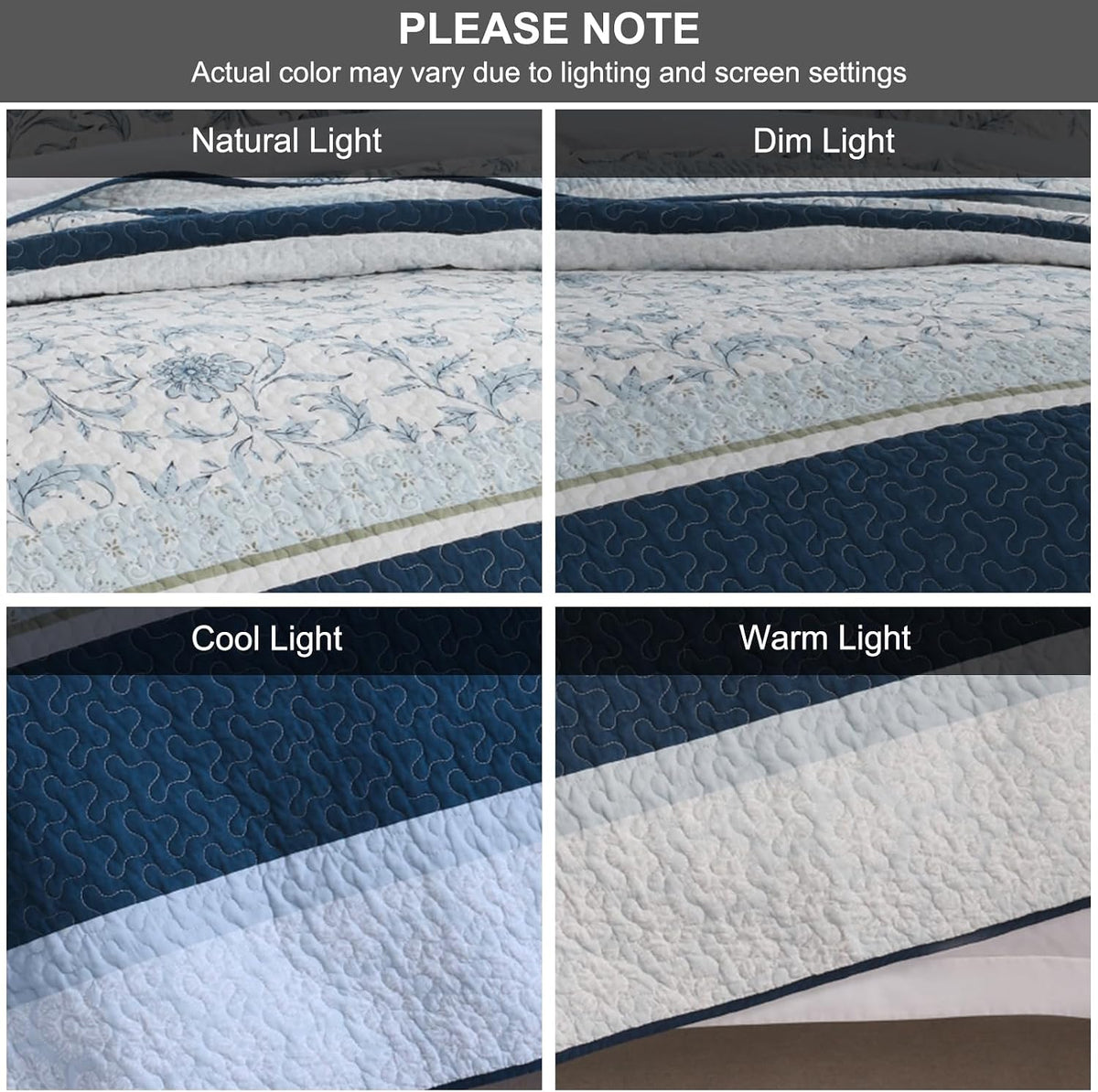 100% Cotton Quilt Set King Size, King Quilt, Patchwork Striped Botanical Quilted Bedspread Lightweight Comforter for King Bed, 3pcs, Navy/Light-Blue/White