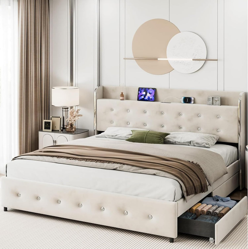 GarveeHome Full Size Bed Frame with Storage Headboard& Charging Station, Velvet Upholstered Full Size Platform Bed Frame with 4 Drawers&Wooden Slat Support, Noise Free Design, Easy to Assemble, Beige