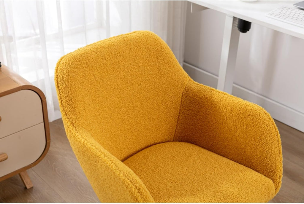 Hassyee Modern Teddy Fabric Material Adjustable Height 360 Revolving Home Office Chair with Gold Metal Legs and Universal Wheel for Indoor (Yellow Teddy)