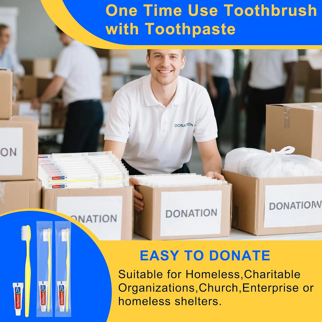 Yellow Disposable Toothbrushes with Toothpaste - Pack of 1000,Individually Wrapped Single Use Travel Toothbrushes Kit Bulk for Homeless,Guests,Hotel,Dentist
