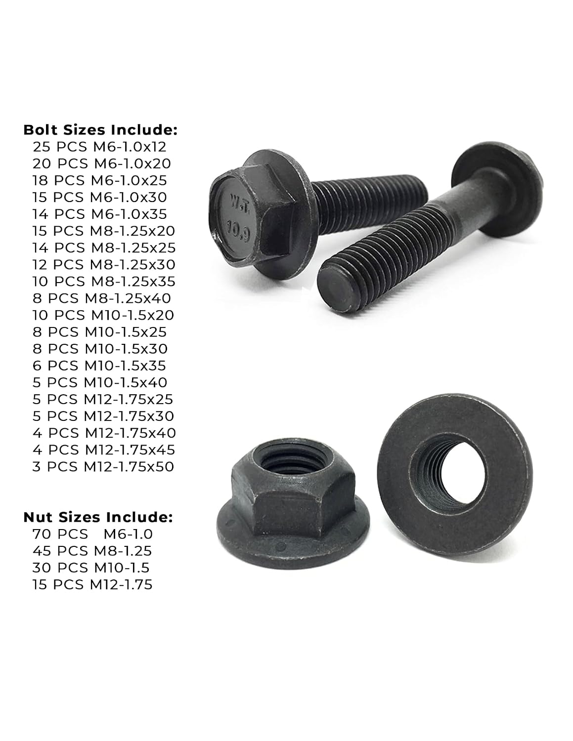 Metric Class 10.9 Hex Cap Flange Frame Bolts & Locking Flange Nuts Assortment Kit - 370 Pieces!