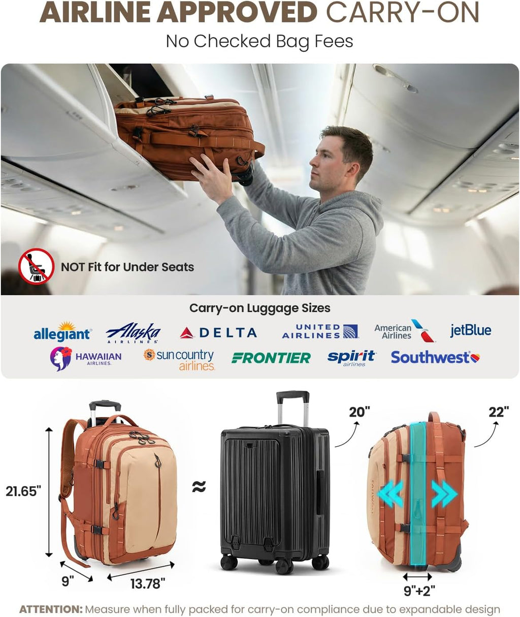 Fanwoli Rolling Vacuum Backpack Travel with Wheels, One-Button Compression, 60L Expandable Carry-On Suitcase Luggage, 18'' Laptop Compartment for Outdoor/Family/Business Trips