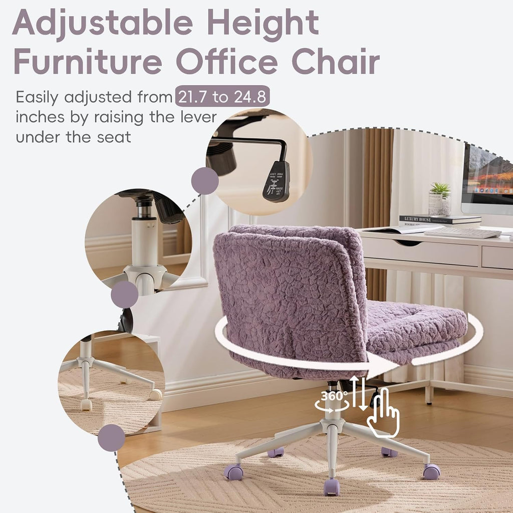 Upgraded Plush Faux Fur Criss Cross Office Vanity & Desk Chair with White Metal Base – Extra-Wide Seat & Tilt Backrest, Adjustable Swivel Makeup Chair for Bedroom, Study & Home Office, Lavender