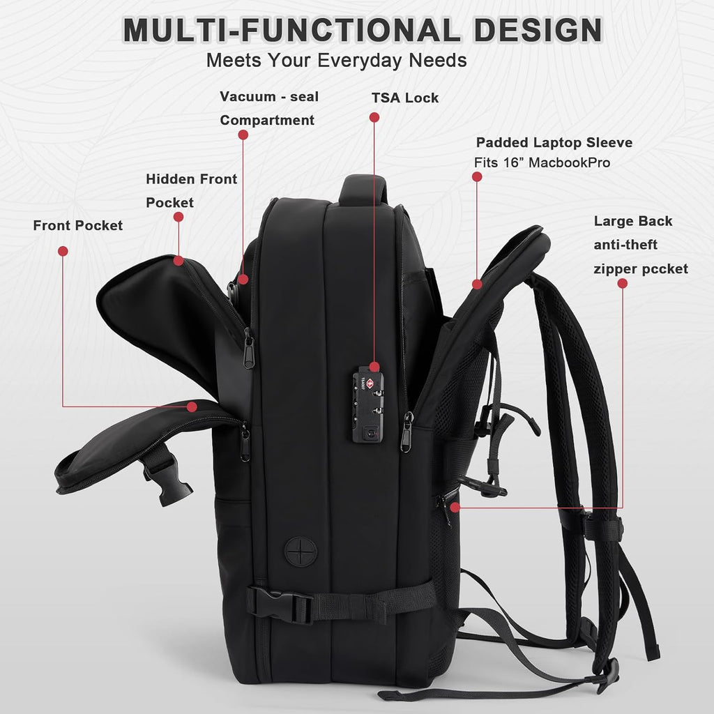 Vacuum Seal Travel Backpack 60L – Air Compression System, Water-Resistant Carry-On Backpack with TSA Lock, 17' Laptop Compartment, Vacuum Pump Included for Travel, Business - Black