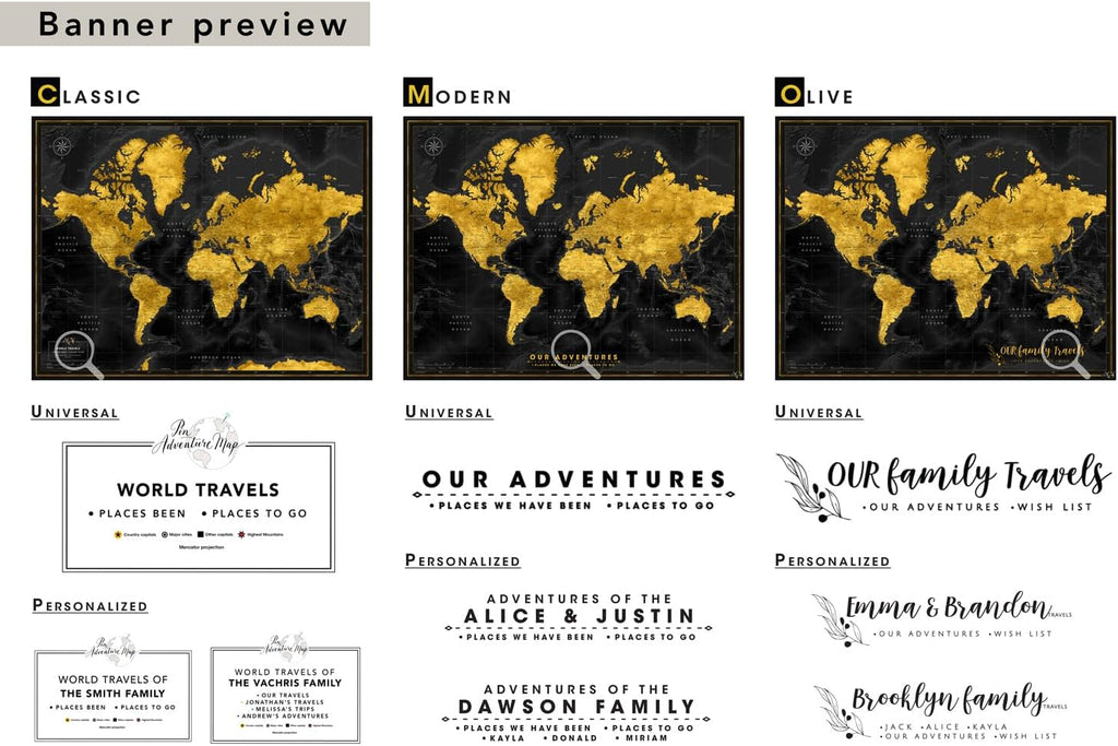World map with pins to mark travels - World Map pinboards for globetrotters & and travel-themed interiors (32 x 24, Midnight Gold)