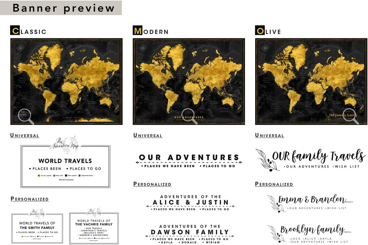 World map with pins to mark travels - World Map pinboards for globetrotters & and travel-themed interiors (32 x 24, Midnight Gold)