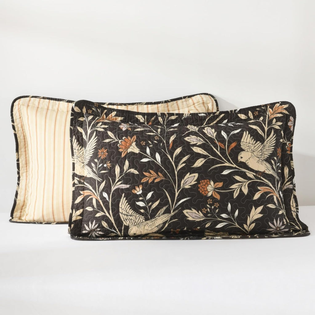 Uniclinens Botanical Quilts Queen Size, 100% Cotton Quilt Bedding Set Vintage Bird Pattern Queen Bedspread, Chic Lightweight Quilted Comforter Coverlet Set, 3 Pieces, All Season, Chocolate Brown/Beige