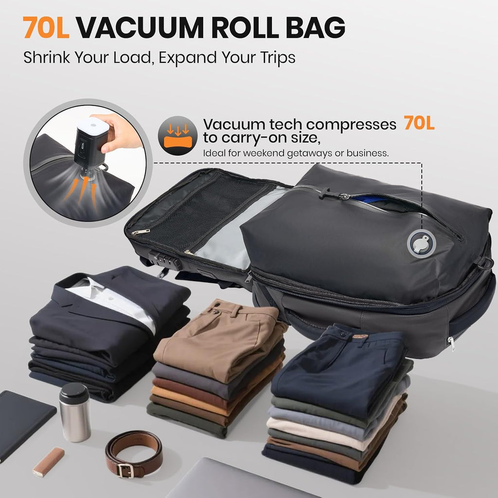Fanwoli Vacuum Rolling Travel Backpack, Carry On Luggage with TSA Lock & Anti Theft Zipper, 70L Expandable Airbag Backpack with Compression Pump, Waterproof Laptop Bag Ideal for Flight & Business,Grey