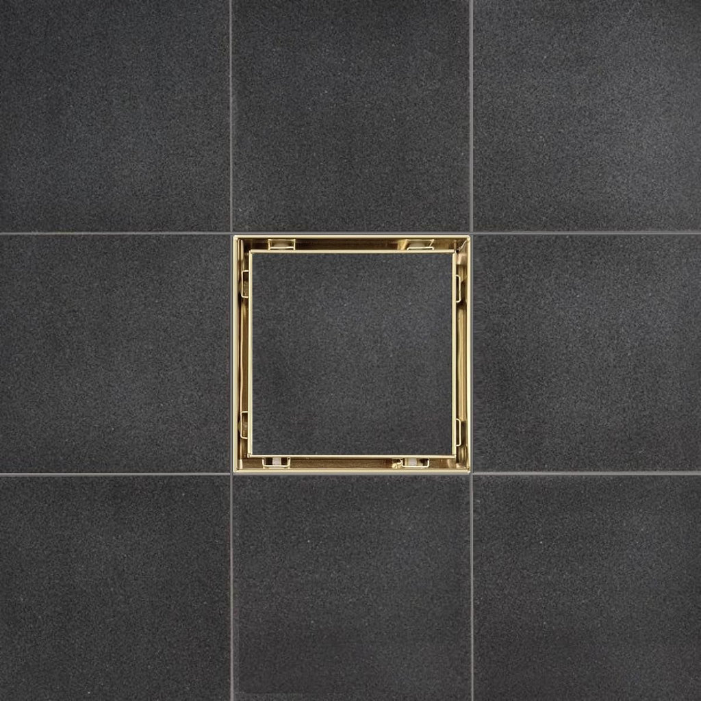 SereneDrains 304 Stainless Steel Tile in Square Brushed Gold Shower Drain Kit with A Base Hair Catcher Strainer Grate Brass Cover Bathroom Floor Insert (Matte Gold, Cast Iron)