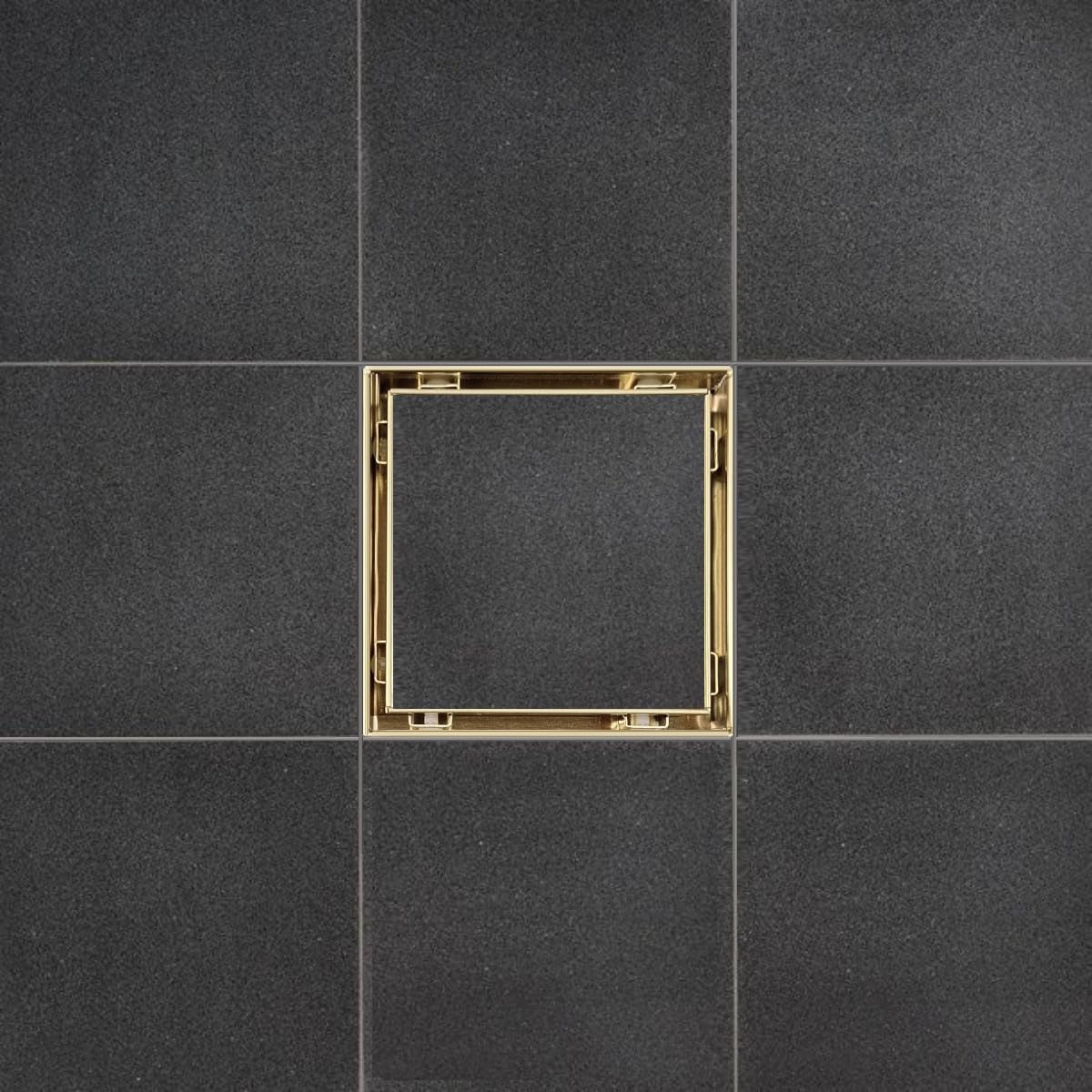 SereneDrains 304 Stainless Steel Tile in Square Brushed Gold Shower Drain Kit with A Base Hair Catcher Strainer Grate Brass Cover Bathroom Floor Insert (Matte Gold, Cast Iron)