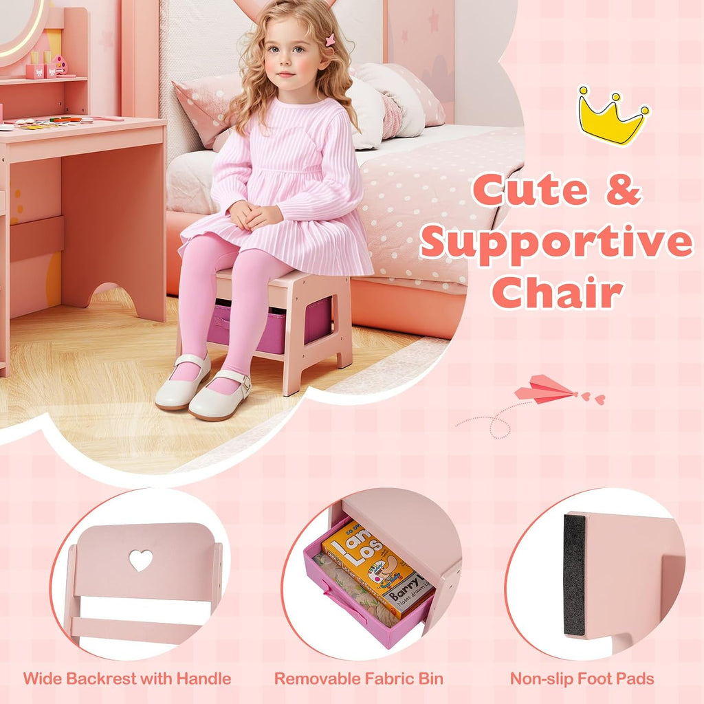 HONEY JOY Kids Vanity with Lights, Wooden Princess Makeup Dressing Vanity Desk with Jewelry Storage, Open Shelves, 2 in 1 Toddler Vanity Table & Chair Set with Lighted Mirror for Little Girls(Pink)