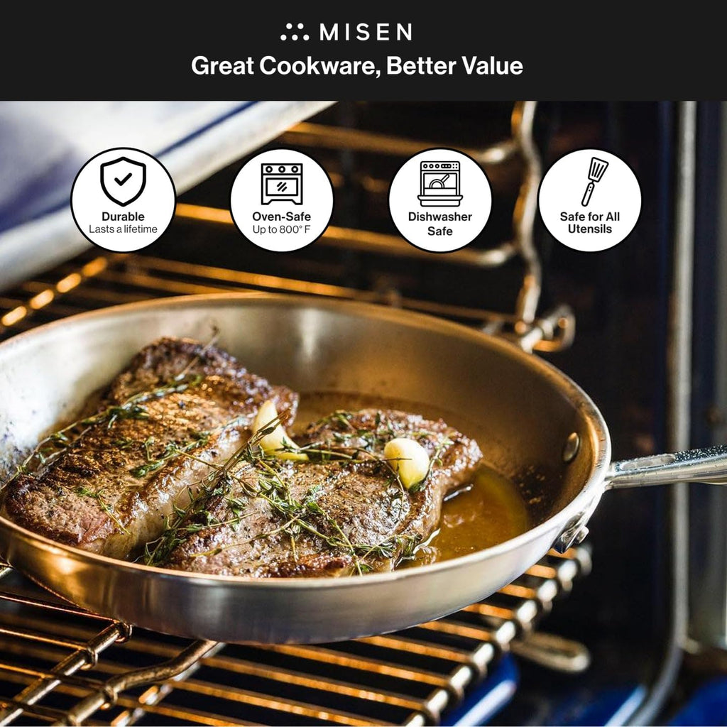 Misen 5-Ply Stainless Steel Cookware Set - Versatile, Dishwasher Safe - 9-Piece Set - 10' Skillet, 12' Skillet + Lid, 3 QT Saute Pan + Lid, 3 QT Saucier + Lid, 8 QT Stockpot + Lid