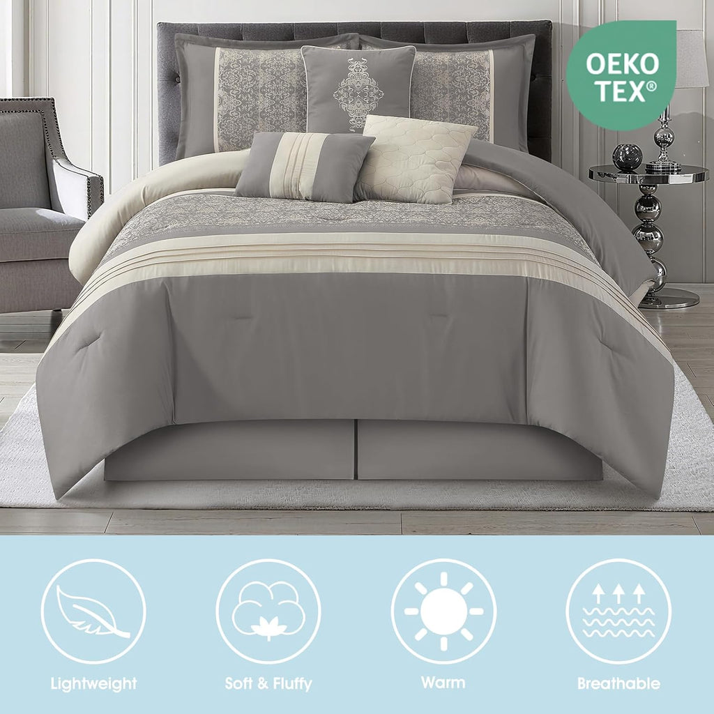 LANCO MODERN LIFESTYLE Grey King Comforter Set, Damask Jacquard with Matching Solid Piece Work, 7 Piece Soft Bedding Set for All Season, Bed Skirt, Pillow Shams and Decorative Pillows