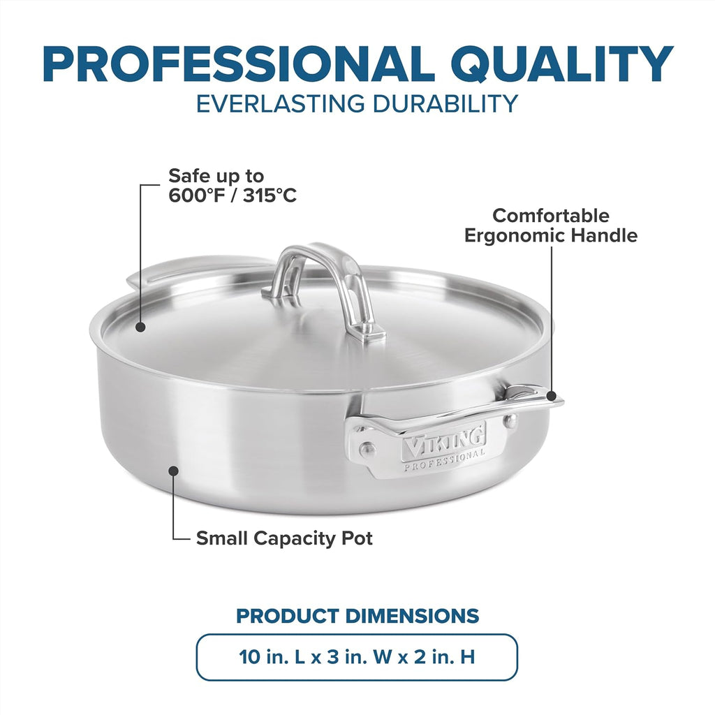 Viking 5-Ply Stainless Steel Casserole Pot with Lid, 3.4 Quart Cookware, Dishwasher and Oven Safe, Induction Ready, Satin Finish