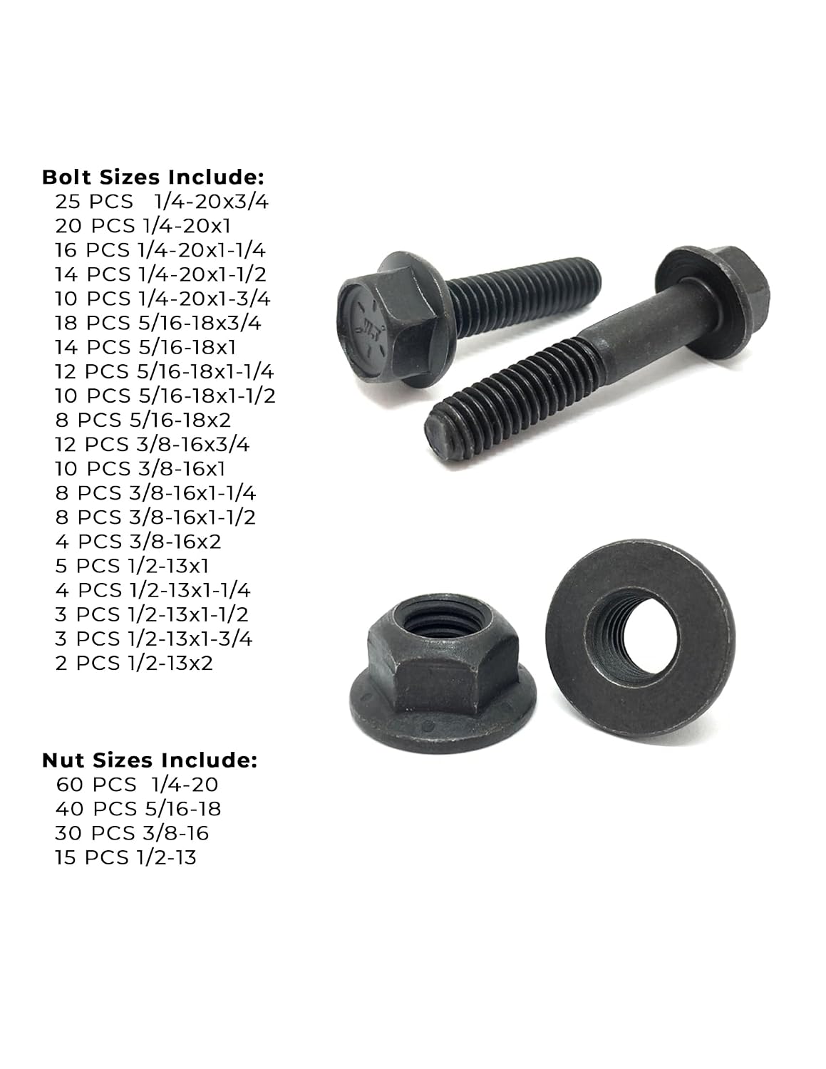 Grade 8 Hex Cap Flange Frame Bolt Black Phos & Locking Flange Nuts Assortment Kit - 352 Pieces!