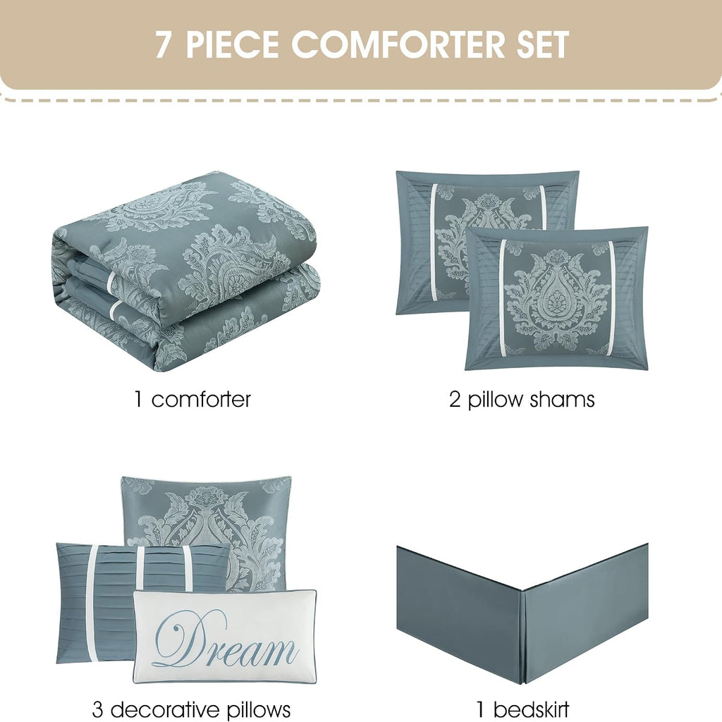 Grand Avenue Blue Damask Patchwork King Size Comforter Set, 7 Piece, Jacquard with Matching Solid Piecework Bedding Set, All Season, Bedskirt, Pillows & Shams