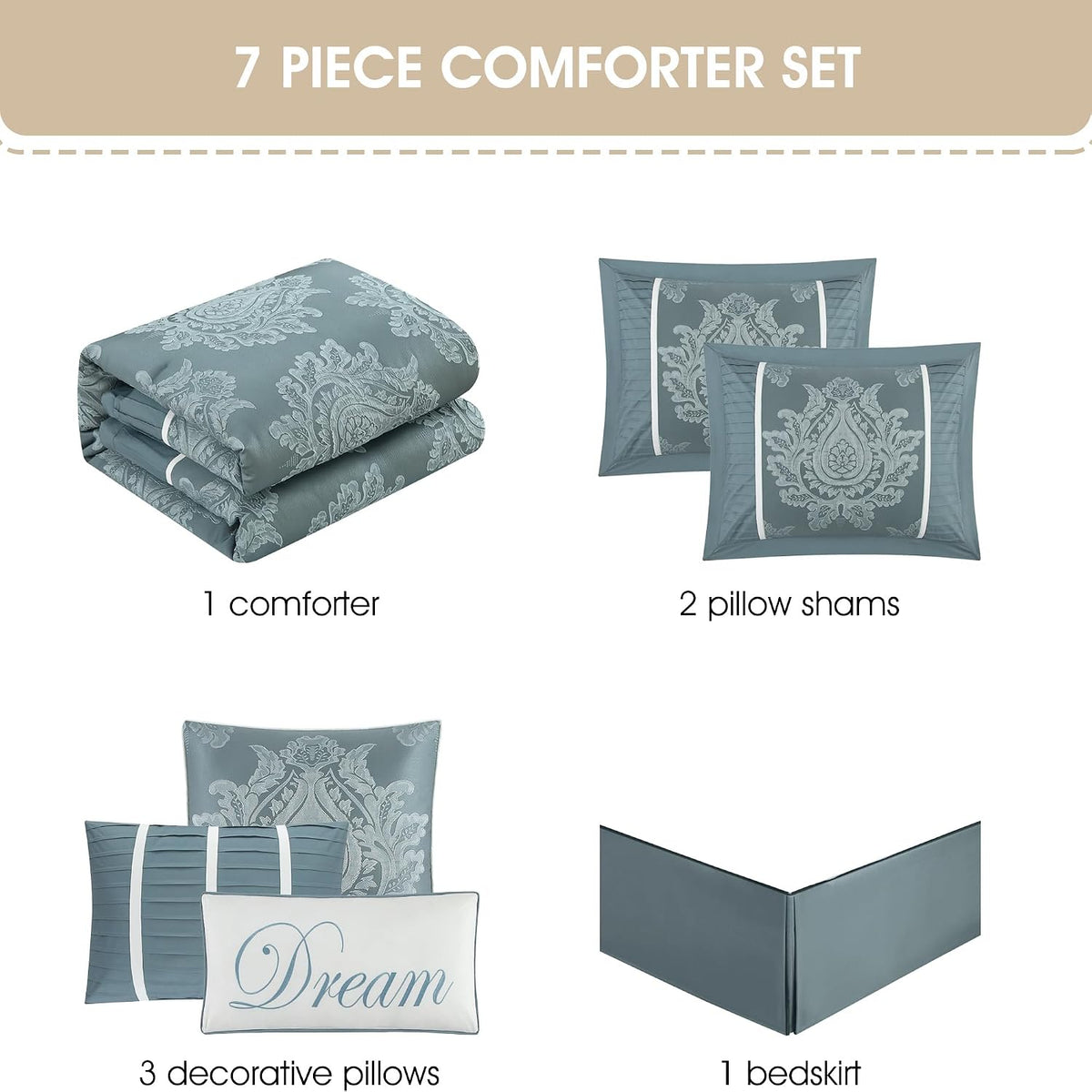 Grand Avenue Blue Damask Patchwork King Size Comforter Set, 7 Piece, Jacquard with Matching Solid Piecework Bedding Set, All Season, Bedskirt, Pillows & Shams
