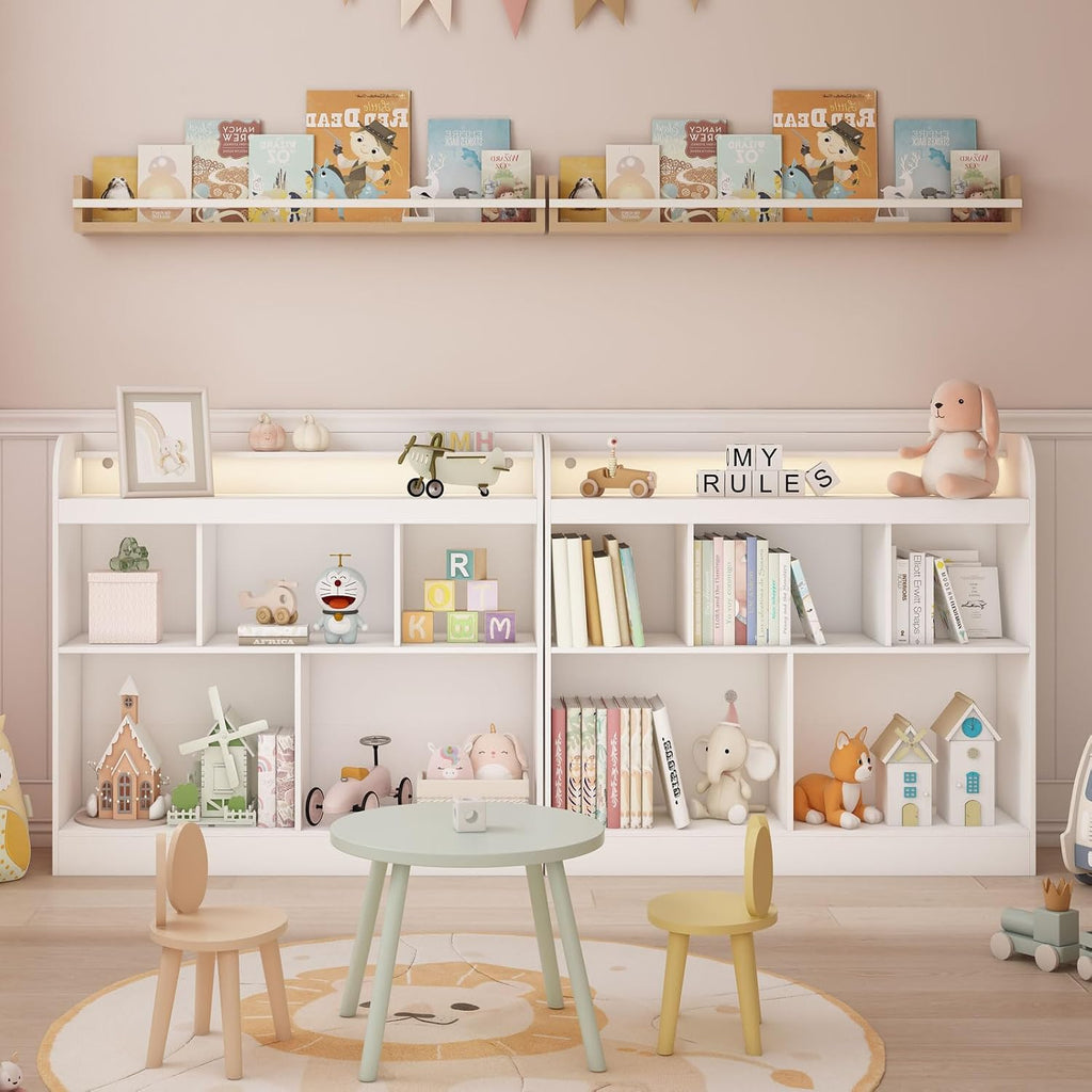 Lkeiyay Open Shelf Kids Bookcase,Montessori Toy Organizer with LED Lights - White Wooden Open Bookcase for Kids, Bedroom, Back to School,Playrooms & Nurseries